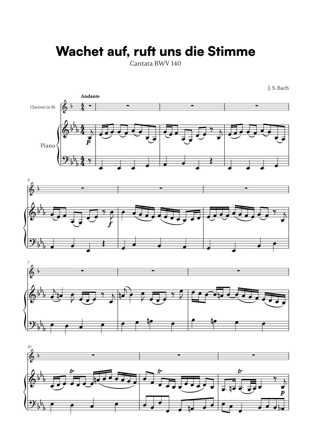 Johann Sebastian Bach - Wachet auf, ruft uns die Stimme (for Clarinet in Bb and Piano) (arr. Cadenza Editions)