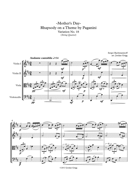 Mother's Day-Rhapsody on a Theme by Paganini Variation No.18 (String Quartet) (arr. Jordan Grigg)