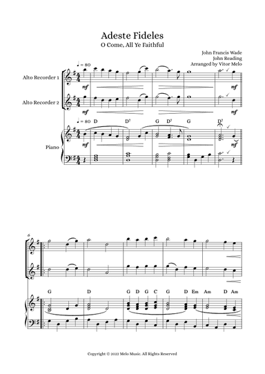 Adeste Fideles (O Come, All Ye Faithful) - alto recorder duet (arr. Vitor Melo)