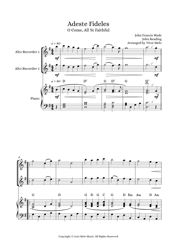 Adeste Fideles (O Come, All Ye Faithful) - alto recorder duet (arr. Vitor Melo)