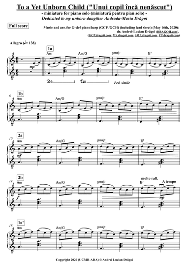 To a yet unborn child ("Unui copil înca nenascut") - miniature for G-clef piano/harp (GCP/GCH) (f