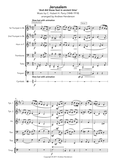 Jerusalem (And did those feet in ancient time) (Brass quintet + optional percussion)) (arr. Andrew Henderson)