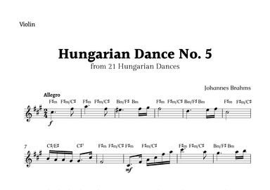 Hungarian Dance No. 5 by Brahms for Violin Solo with Chords (arr. Rika K.)
