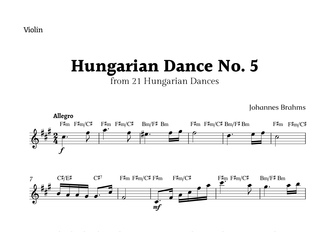 Hungarian Dance No. 5 by Brahms for Violin Solo with Chords (arr. Rika K.)