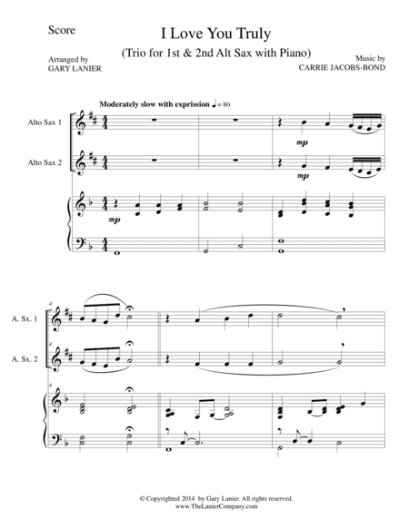 I LOVE YOU TRULY (Trio – Alto Sax 1, Alto Sax 2, and Piano with Score and Parts) (arr. Gary Lanier)