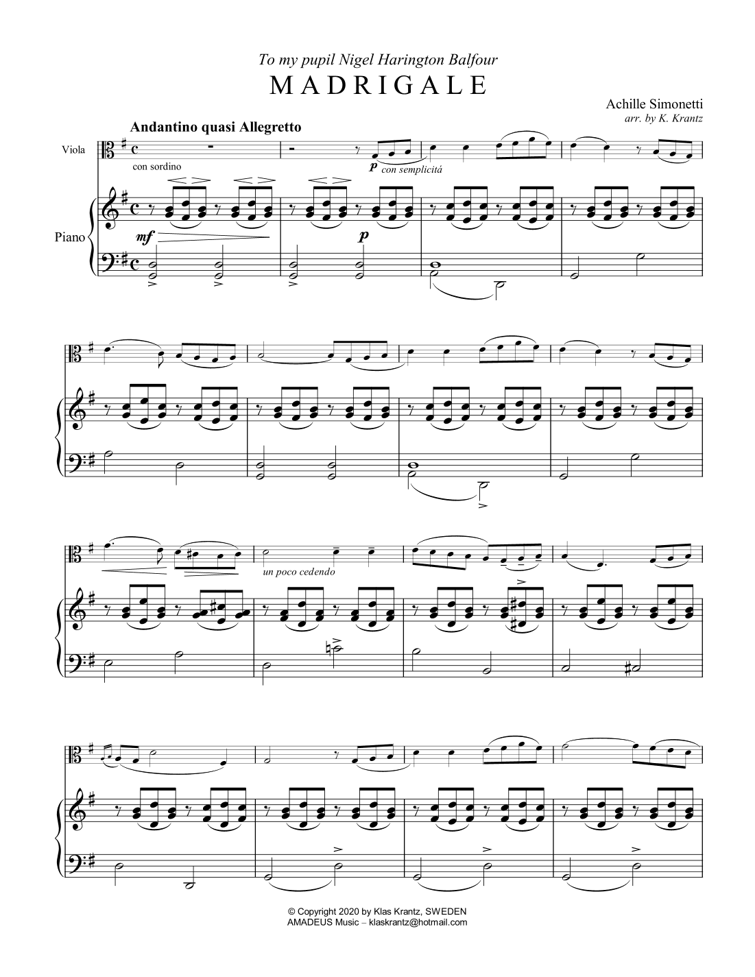 Madrigale for viola and piano (arr. K. Krantz)