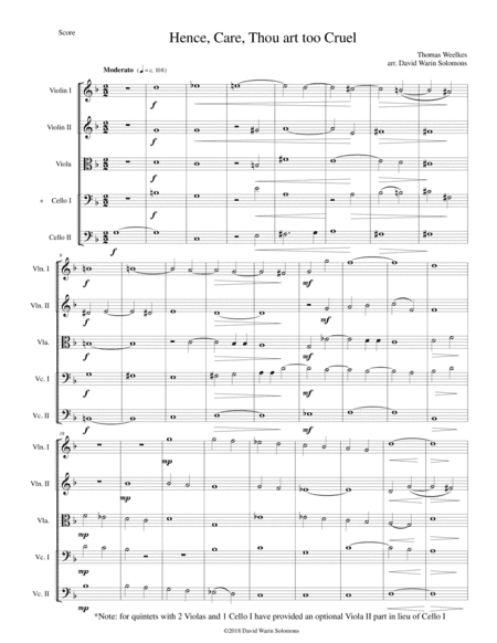 Hence, Care, Thou art  too cruel for string quintet (arr. David Warin Solomons)