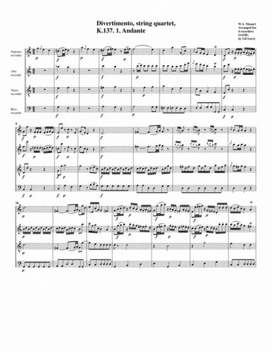 Divertimento, K.137 (arrangement for 4 recorders) (arr. Gil Garty)