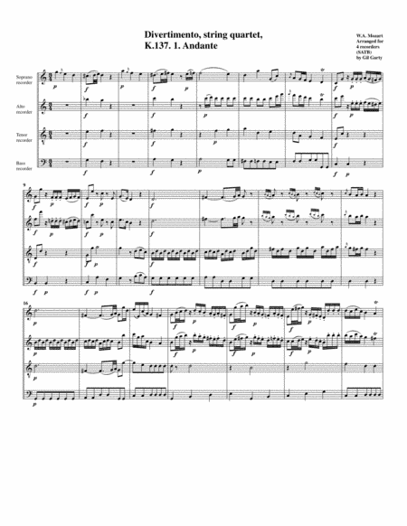 Divertimento, K.137 (arrangement for 4 recorders) (arr. Gil Garty)