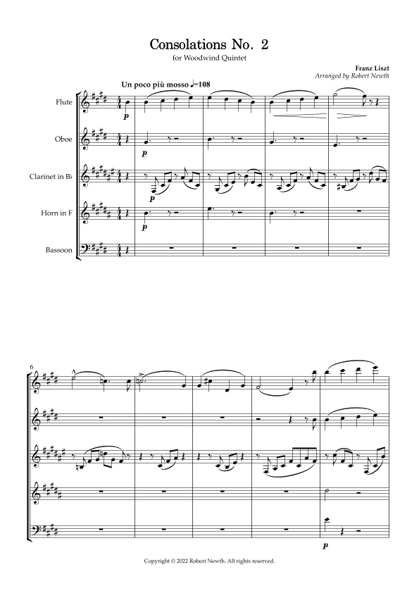 Consolations No. 2 (by Franz Liszt) for Wind Quintet (arr. Robert Newth)