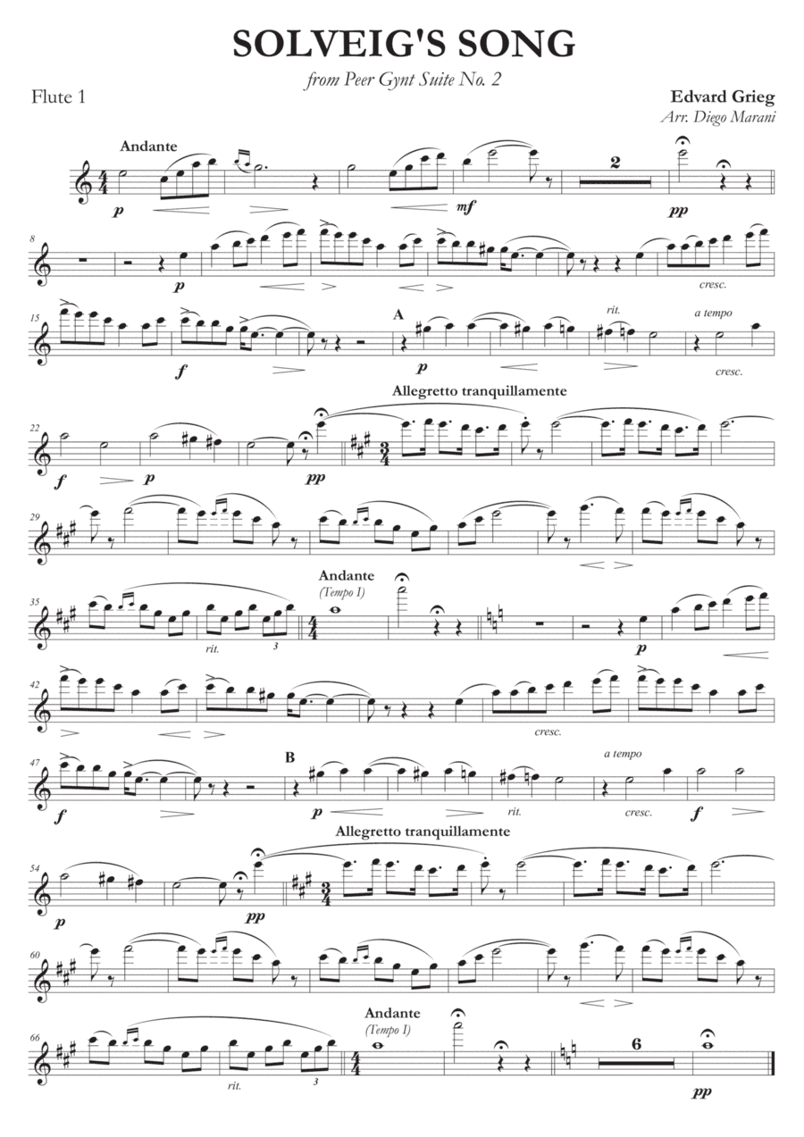 Solveig's Song from "Peer Gynt" for Flute Quartet (arr. Diego Marani)