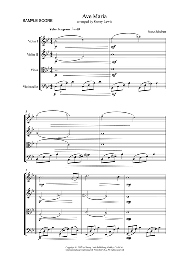 AVE MARIA - Schubert -String Quartet, Intermediate Level for 2 violins, viola and cello (arr. Sherry Lewis)