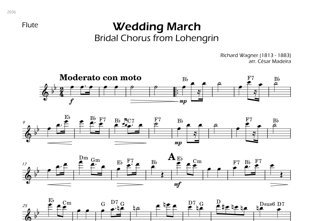 Wedding March (Bridal Chorus) - Flute Solo - W/Chords (arr. César Madeira)