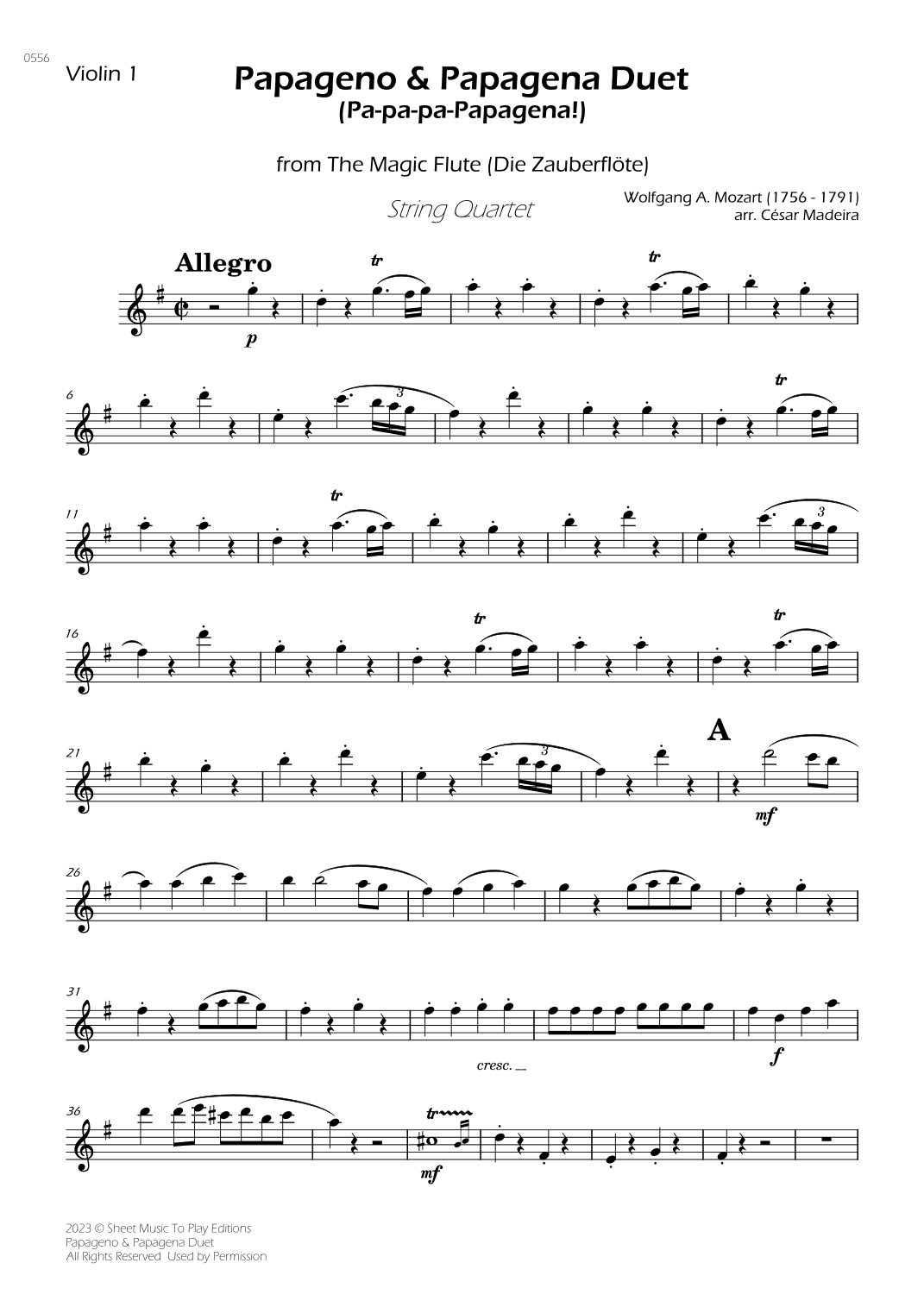 Papageno and Papagena Duet - String Quartet (Individual Parts) (arr. César Madeira)