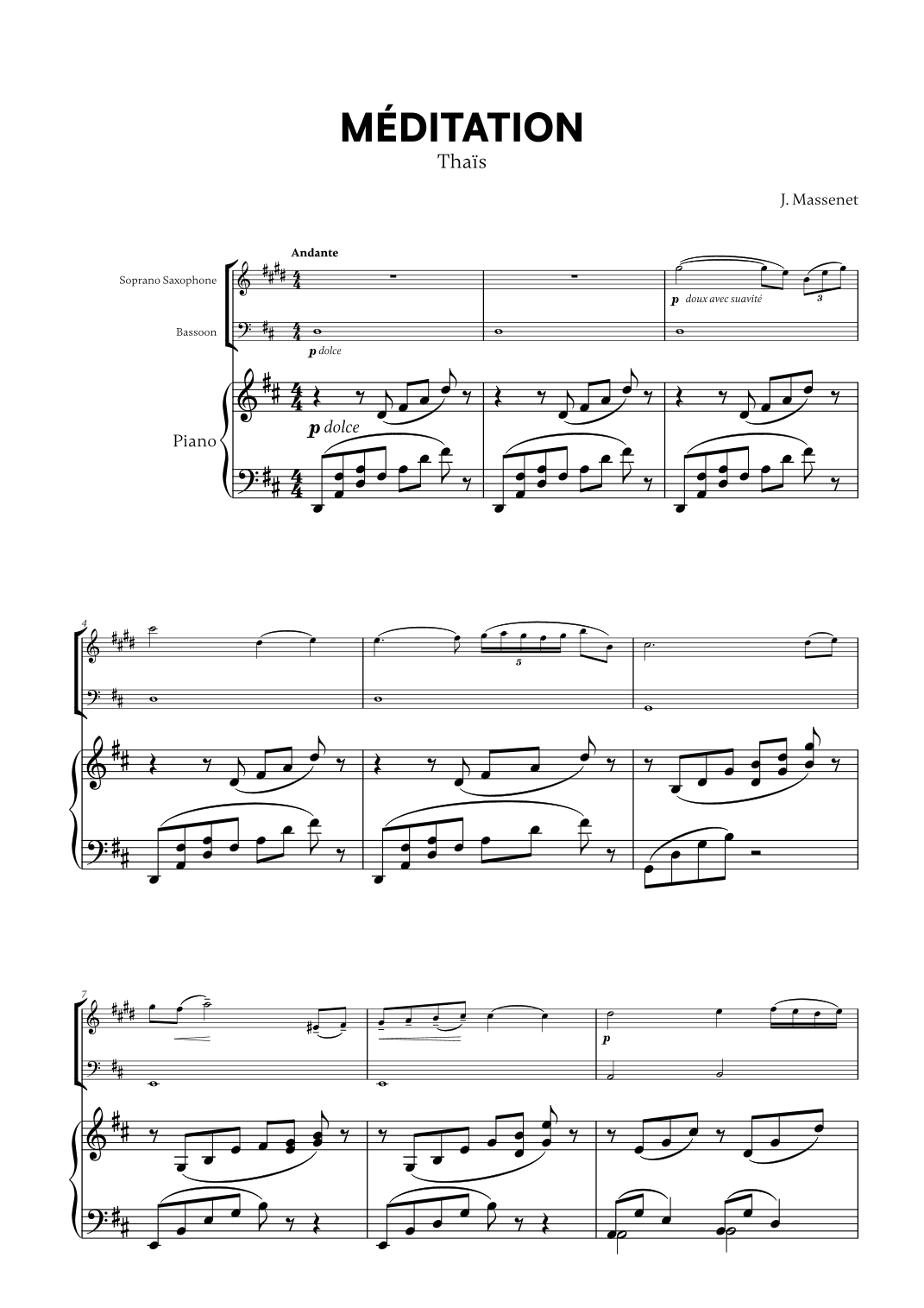 Jules Massenet - Thai¨s Meditation (for Soprano Saxophone, Bassoon and Piano) (arr. Cadenza Editions)