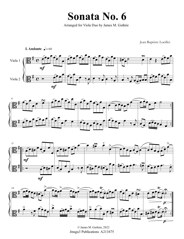 Loeillet: Sonata No. 6 for Viola Duo (arr. James M. Guthrie)