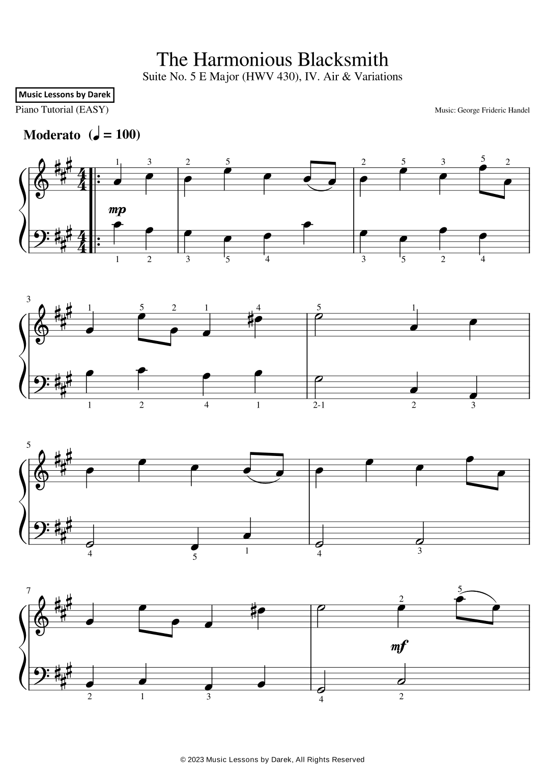 The Harmonious Blacksmith (EASY PIANO) Suite No. 5 E Major (HWV 430), IV. Air & Variations [Handel] (arr. Darek)