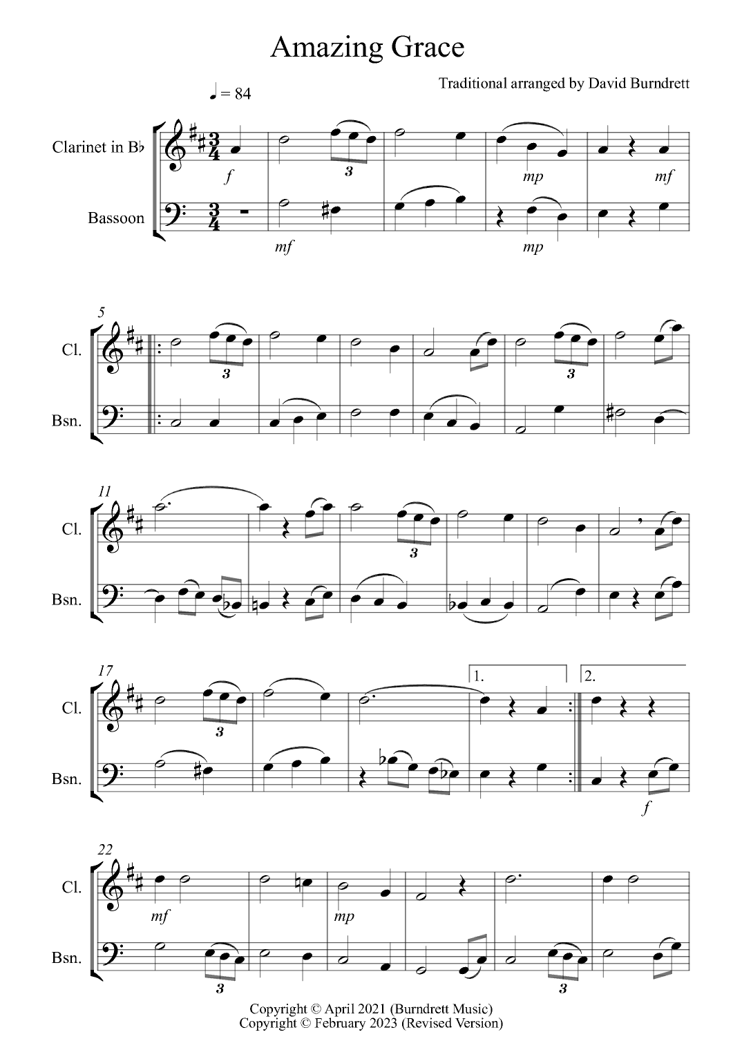 Amazing Grace for Clarinet and Bassoon Duet (arr. David Burndrett)