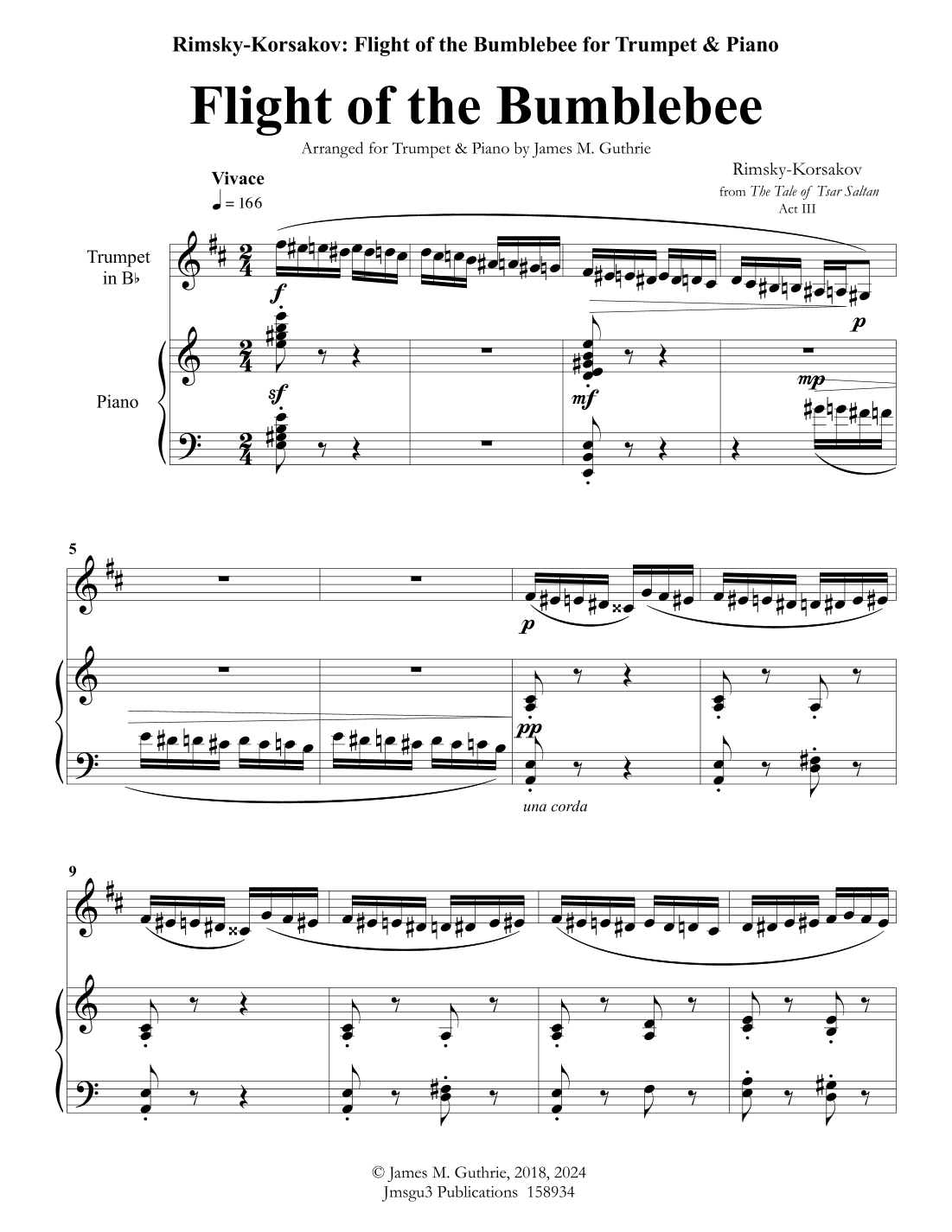 Korsakov: Flight of the Bumblebee for Trumpet & Piano (arr. James M. Guthrie, ASCAP)