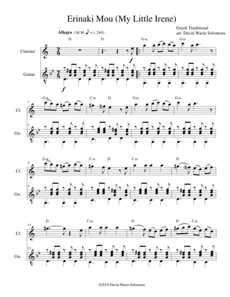 Erinaki mou - Ερηνάκι μου (My little Irene) for clarinet and guitar (arr. David Warin Solomons)