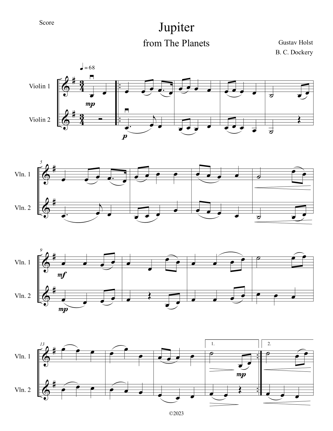 Jupiter (from The Planets) for Violin Duet (arr. B. C. Dockery)