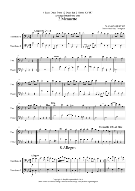Mozart: 4 Easy Duos from 12 Duos for Horn KV487: 2. Menuetto, 8. Allegro, 10. Andante and 11. Menuet (arr. Ray Thompson)