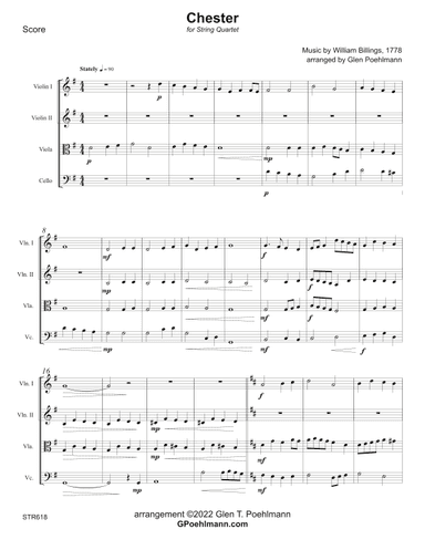 CHESTER - String Quartet (unaccompanied). (arr. Glen Poehlmann)
