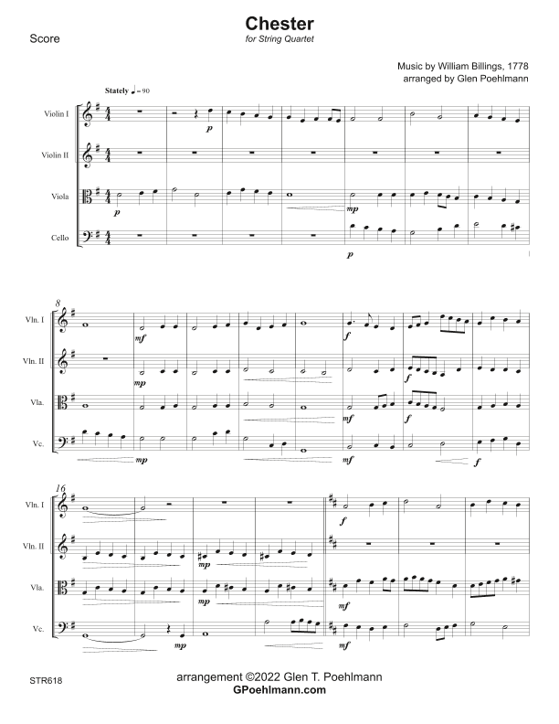 CHESTER - String Quartet (unaccompanied). (arr. Glen Poehlmann)