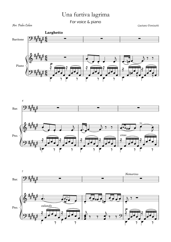 Una Furtiva Lagrima (Baritone in Dm) (arr. Pedro Cohen)