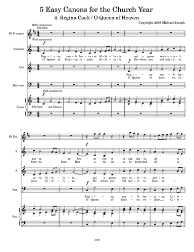 Five Easy Canons for the Church Year #4, Regina Caeli (O Queen of Heaven) with an optional part for