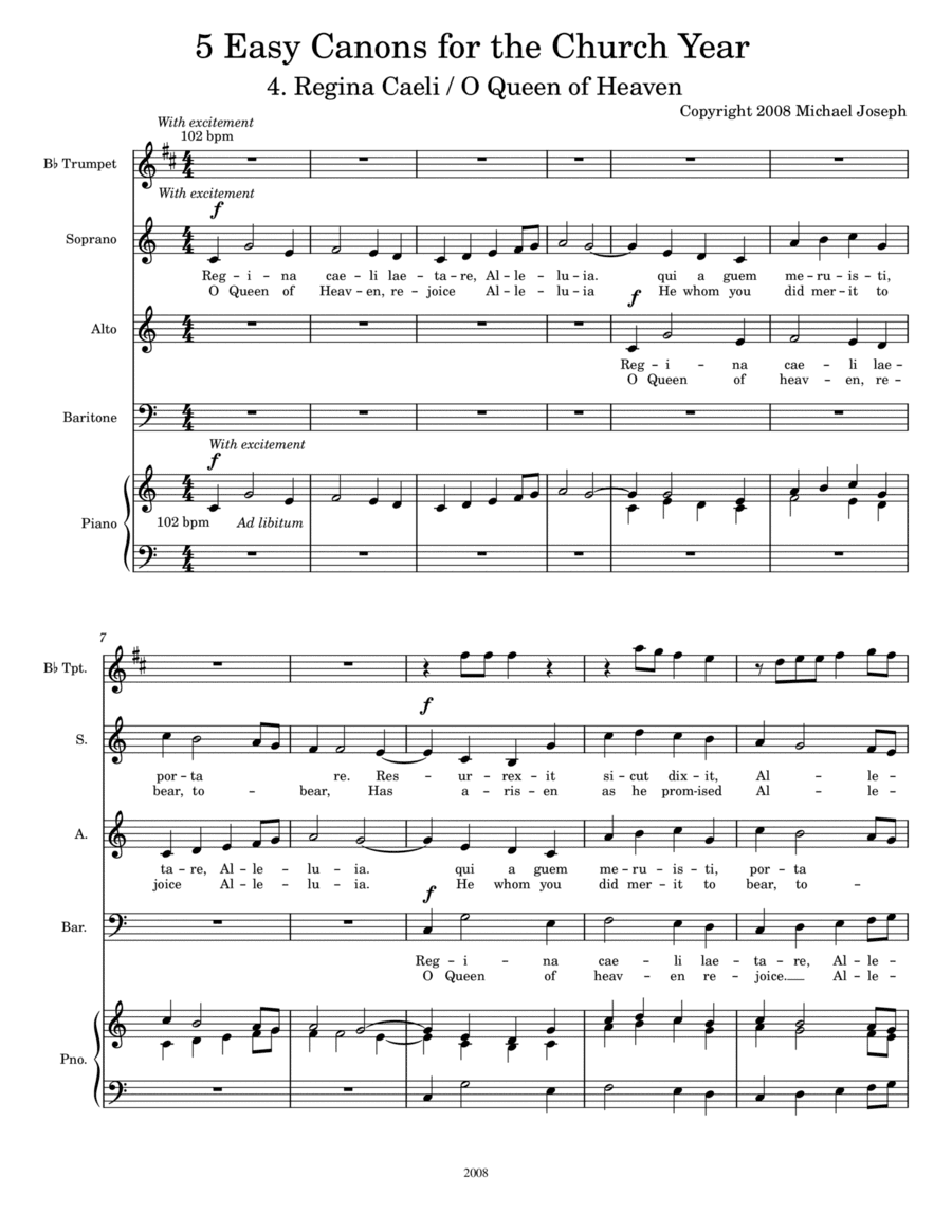 Five Easy Canons for the Church Year #4, Regina Caeli (O Queen of Heaven) with an optional part for