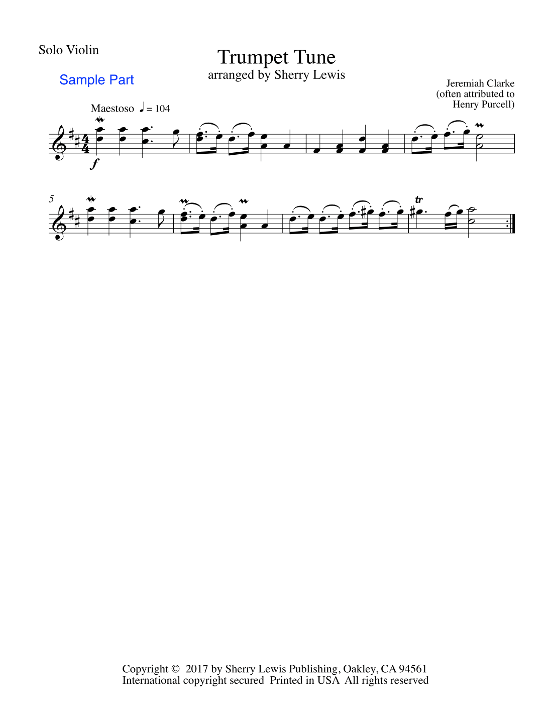 TRUMPET TUNE, Jeremiah Clarke (sometimes attributed to H.Purcell), Violin Solo, Intermediate Level (arr. Sherry Lewis)