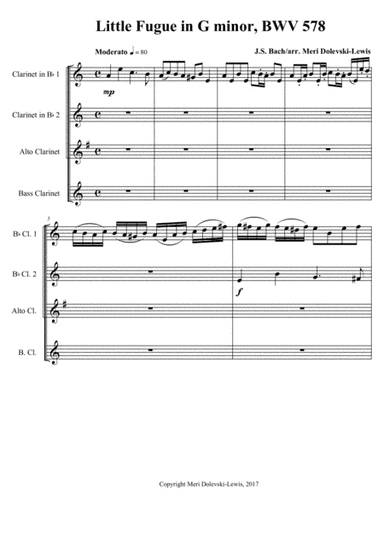 Little Fugue in G minor--for 2 B flat clarinets, alto clarinet and bass clarinet (arr. Meri Dolevski)