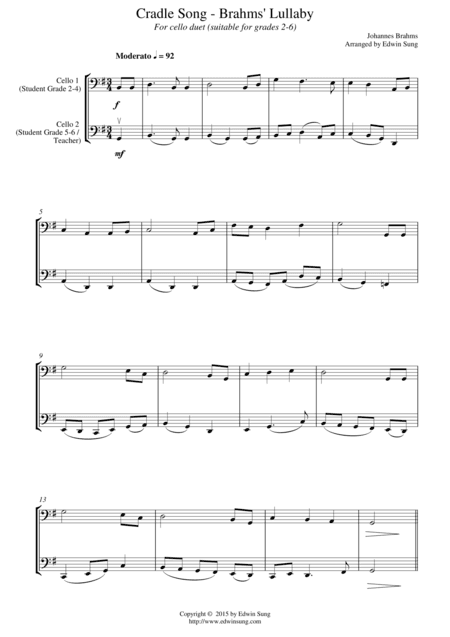 Cradle Song - Brahms’ Lullaby (for cello duet, suitable for grades 2-6) (arr. Edwin Sung)
