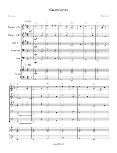 greensleeves brass quintet and piano sheet music chord symbols (arr. Arezzo Music)