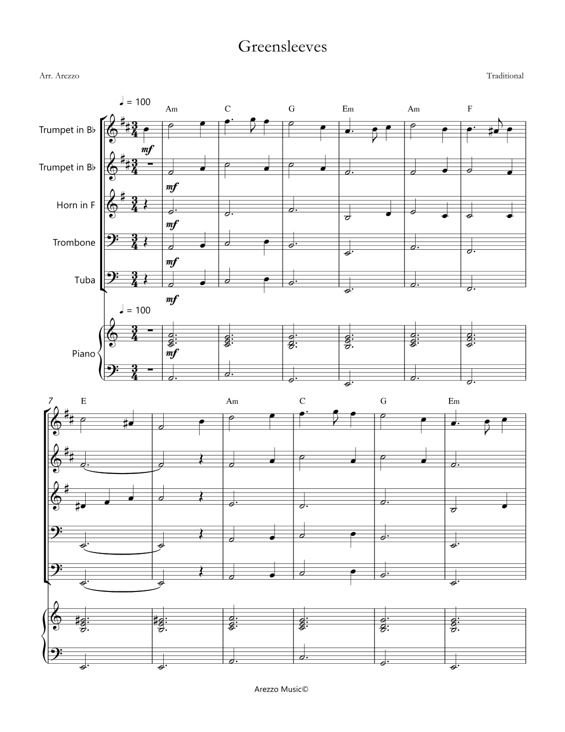 greensleeves brass quintet and piano sheet music chord symbols (arr. Arezzo Music)