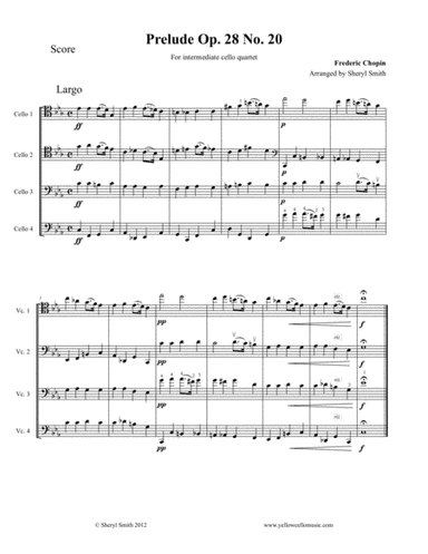 Piano Prelude No.20 for intermediate cello quartet (four cellos), Op.28 (arr. Yellow Cello Music)