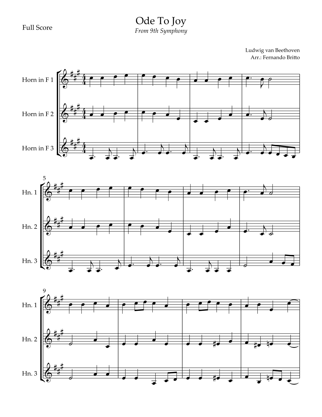 Ode To Joy Theme (from Beethoven's 9th Symphony) for Horn in F Trio (arr. Fernando Britto)