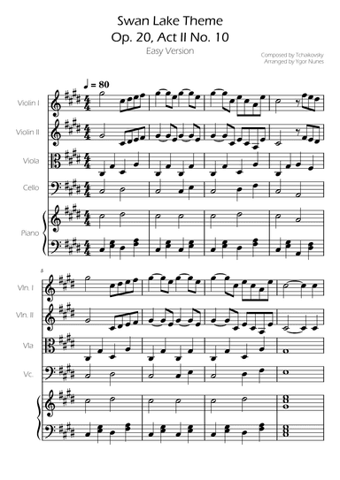 Swan Lake (theme) - Tchaikovsky - String Quartet w/ Piano Accompaniment (arr. Ygor Nunes)