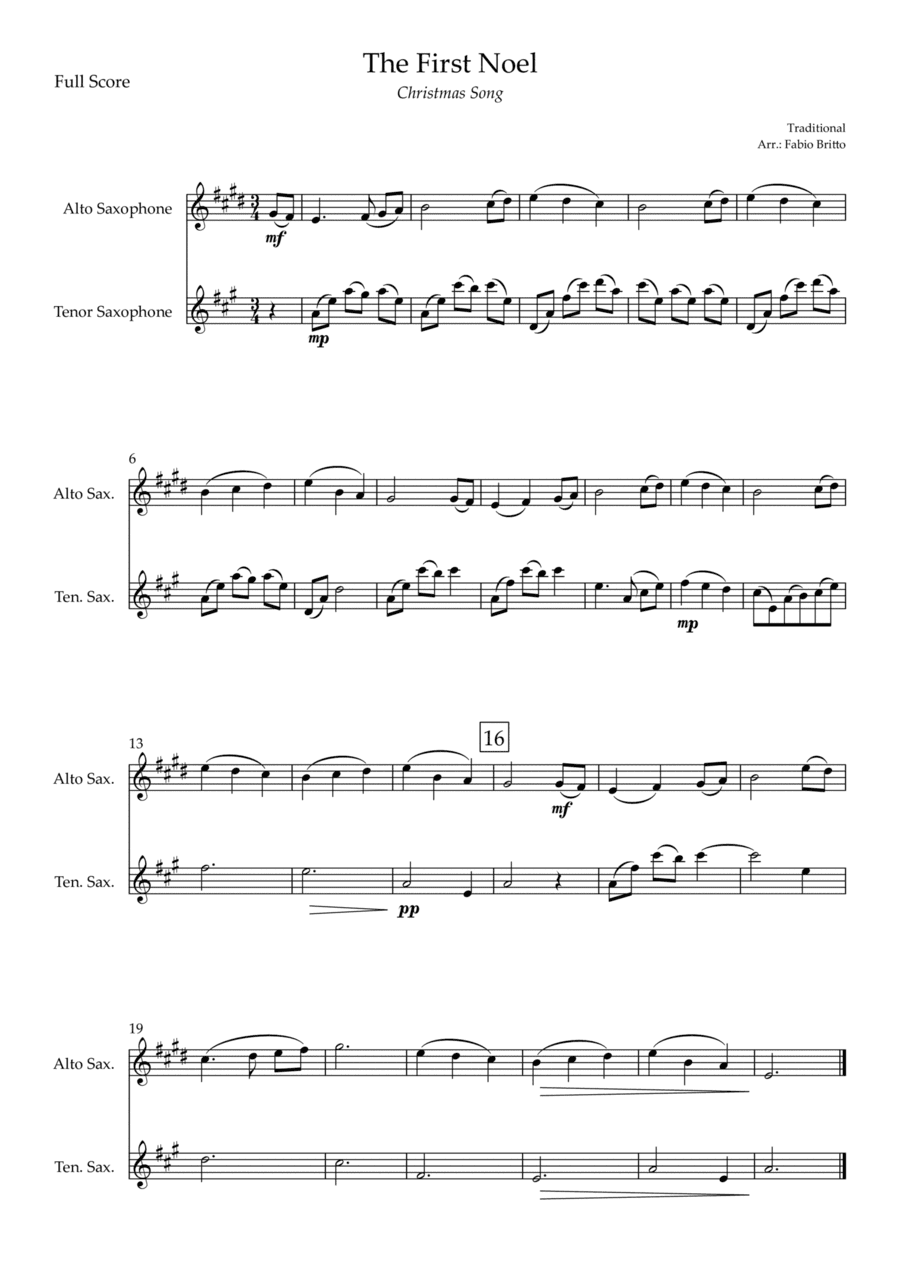 The First Noel (Christmas Song) for Alto Saxophone & Tenor Saxophone Duo (arr. Fabio Britto)