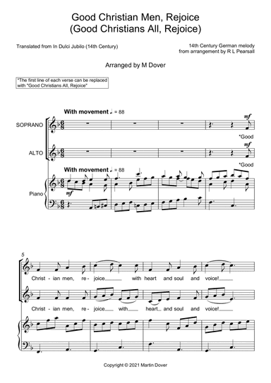 Good Christian Men, Rejoice  ( Good Christians All, Rejoice ) - Two Part Choir - SA - Upper Voices (arr. Martin Dover)