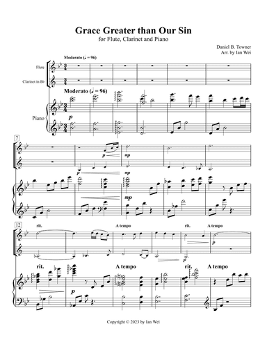 Grace Greater than Our Sin for Flute, Clarinet and Piano (arr. Ian Wei)