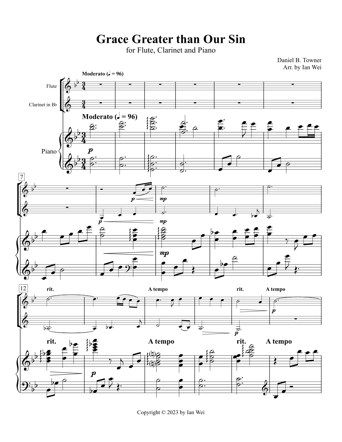 Grace Greater than Our Sin for Flute, Clarinet and Piano (arr. Ian Wei)