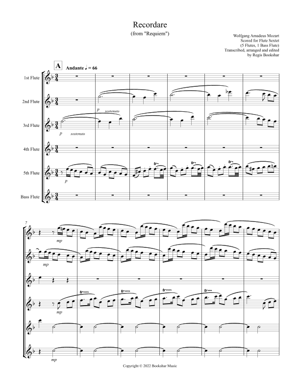 Recordare (from "Requiem") (F) (Flute Sextet - 5 Flutes, 1 Bass Flute) (arr. Regis Bookshar)