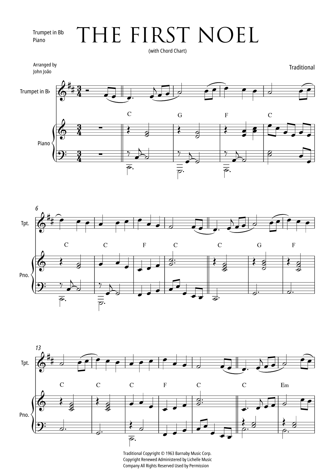 The First Noel (Trumpet in Bb and Piano, with Chord Chart) (arr. John João)
