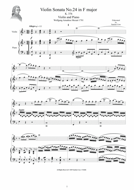 Mozart - Violin Sonata No.24 in F major K 376 for Violin and Piano - Score and Part (arr. Santino Cara)