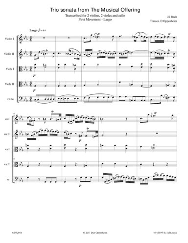 Bach: The Musical Offering (BWV 1079) No. 8, Trio Sonata - Movement I, arranged for 2 Violins, 2 Vio (arr. D Oppenheim)