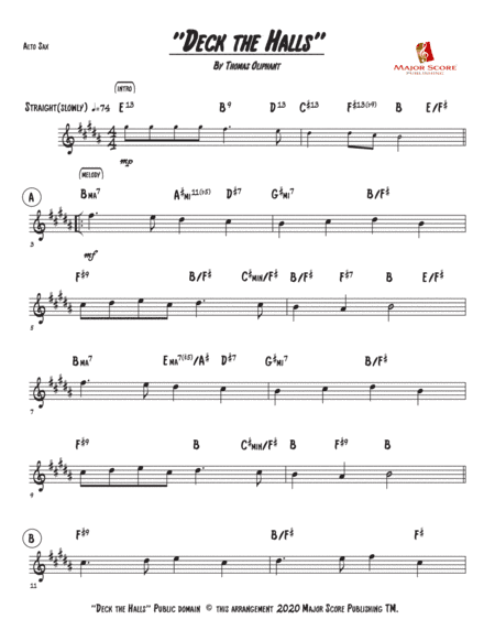 Deck the Halls - Alto sax & Piano - D Major (arr. MAJOR SCORE PUBLISHING TM.)