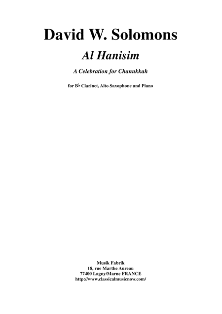 David Warin Solomons: Al Hanisim : A Chanukkah Celebration for Bb clarinet, alto saxophone and piano