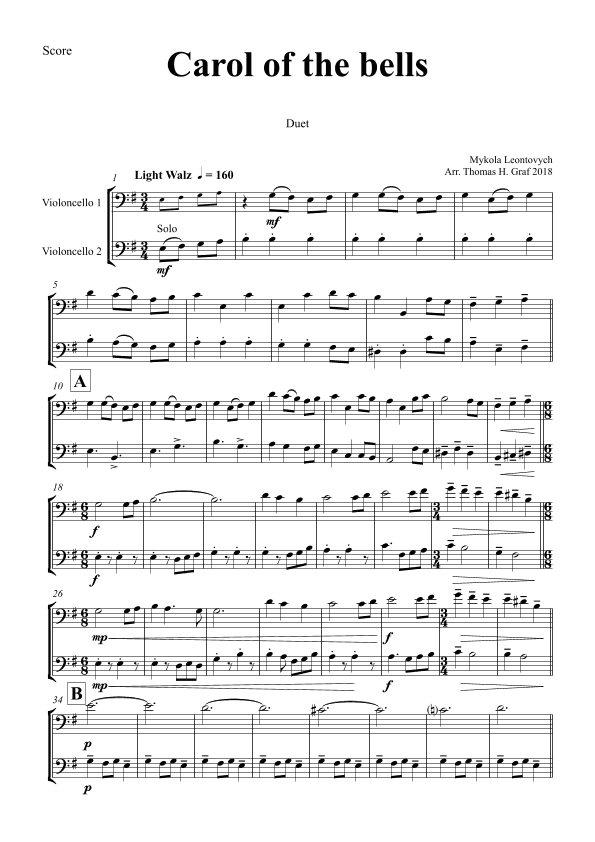 Carol of the Bells - Pentatonix style - Cello Duet (arr. Thomas Graf)